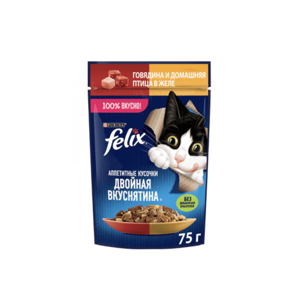 پوچ گربه فلیکس با طعم گوشت گاو و طیور پرندگان Felix Beef & Poultry Mix In Jelly وزن 75 گرم