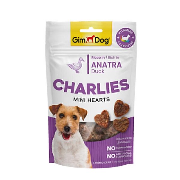 تشویقی سگ جیم داگ چارلیز طعم اردک GimDog Charlies Mini Hearts Dog Treat With Duck وزن 70 گرم