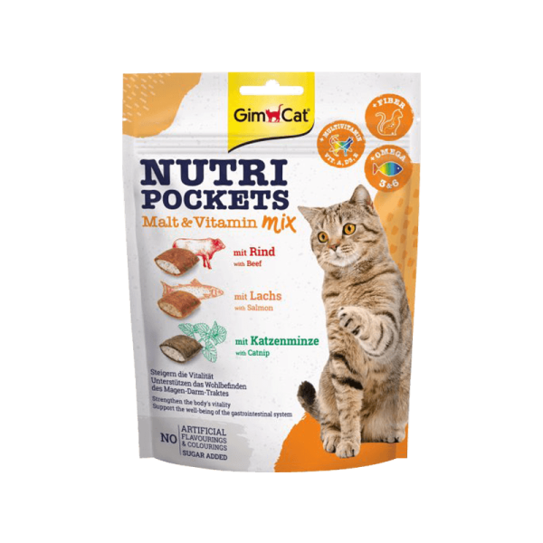 اسنک تشویقی نوتری ویتامین و مالت گربه جیم کت GimCat Nutri Pockets Multi Vitamin & Malt وزن 150 گرم