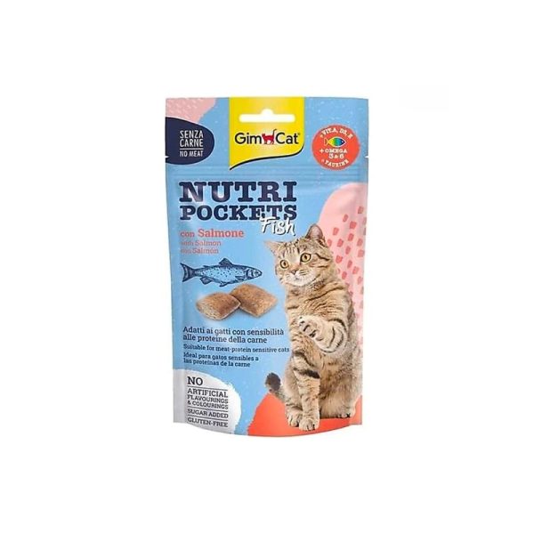 اسنک تشویقی گربه جیم کت بدون پروتئین حیوانی با طعم سالمون GimCat Nutri Pockets Salmon وزن 60 گرم