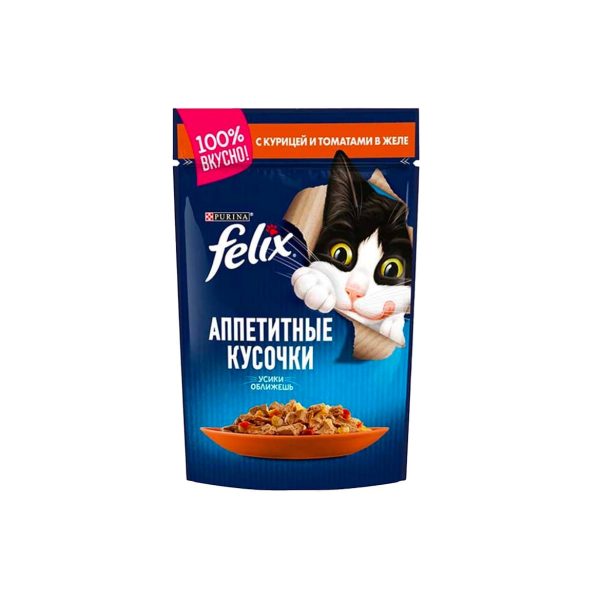 پوچ گربه فلیکس با طعم مرغ و گوجه فرنگی در ژله Felix Appetizing pieces Chicken & Tomatoes in Jelly وزن 75 گرم