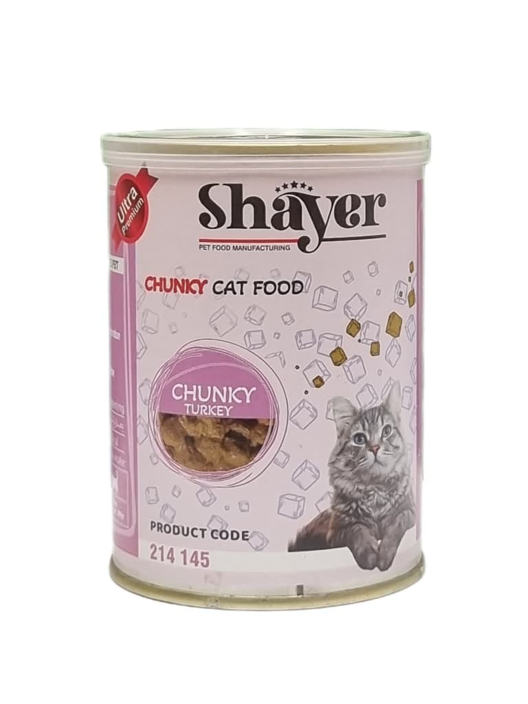 کنسرو غذای گربه با طعم بوقلمون با تیکه های درشت شایر Shayer Chunky Turkey وزن 400 گرم 1 کنسرو غذای گربه با طعم بوقلمون با تیکه های درشت شایر Shayer Chunky Turkey وزن 400 گرم