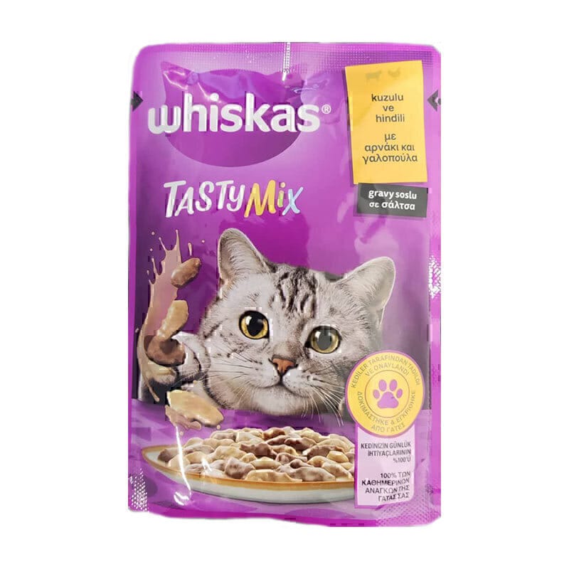 پوچ گربه ویسکاس با طعم میکس بره و بوقلمون در سس Whiskas Tasty Mix With Lamb & Turkey in Gravy وزن 85 گرم 1 پوچ گربه ویسکاس با طعم میکس بره و بوقلمون در سس Whiskas Tasty Mix With Lamb & Turkey in Gravy وزن 85 گرم