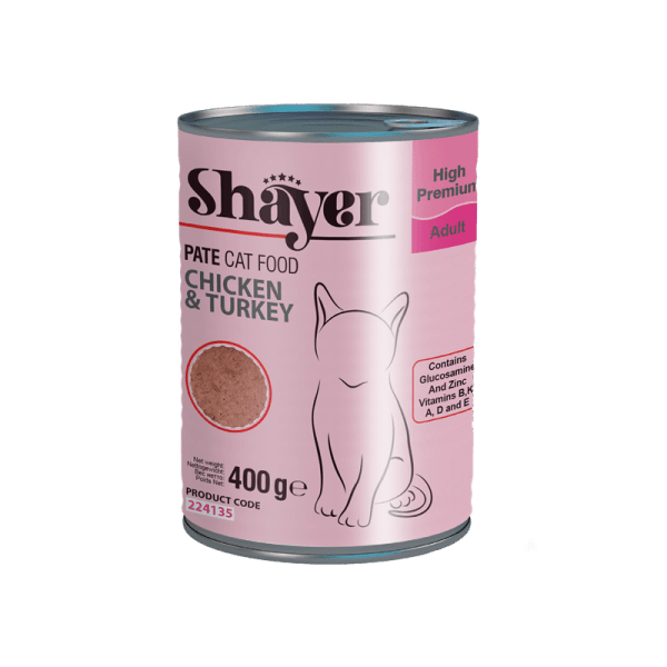 کنسرو غذای گربه با طعم مرغ و بوقلمون شایر Shayer Pate With Chicken & Turkey وزن 400 گرم