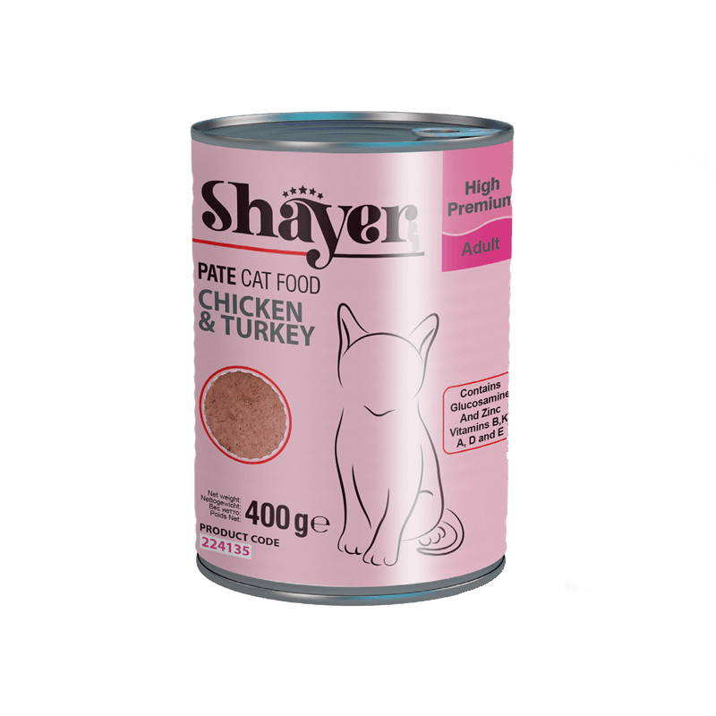 کنسرو غذای گربه با طعم مرغ و بوقلمون شایر Shayer Pate With Chicken & Turkey وزن 400 گرم 1 کنسرو غذای گربه با طعم مرغ و بوقلمون شایر Shayer Pate With Chicken & Turkey وزن 400 گرم
