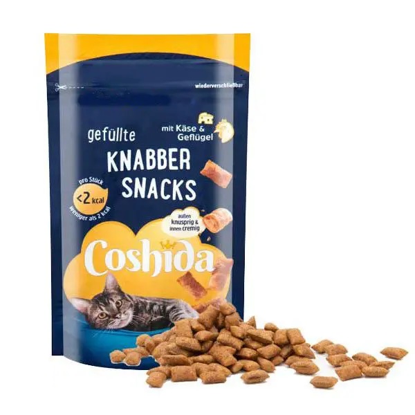 تشویقی گربه کوشیدا بالشتی، کرانچی مغزدار با طعم مرغ و پنیر Coshida Gefüllte Knabber Snacks Cheese & Chicken وزن 150 گرم
